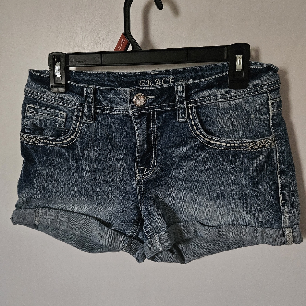 Grace In LA Denim Blue Jean Embellished And Embroidered Shorts with Cuffed Hem